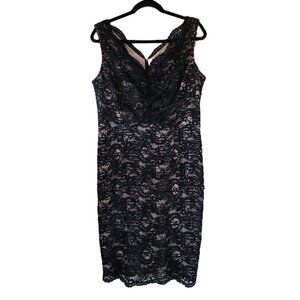Alex Evenings black lace back zip tan lined midi sleeveless evening dress US 14